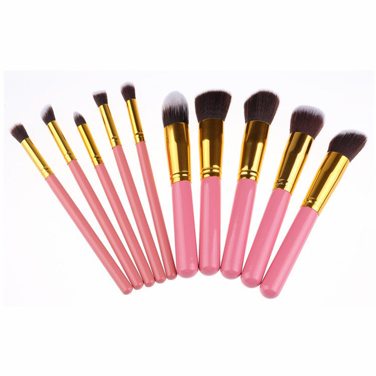 JMT-090762 Portable Makeup Brush Set with Wooden Handles - 10-Piece Collection in Gold and Silver Variants