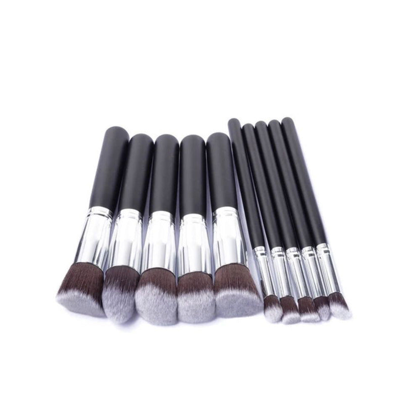 JMT-090762 Portable Makeup Brush Set with Wooden Handles - 10-Piece Collection in Gold and Silver Variants