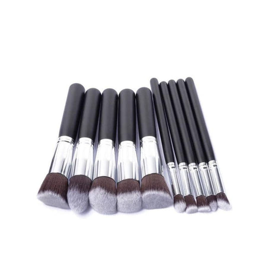 JMT-090762 Portable Makeup Brush Set with Wooden Handles - 10-Piece Collection in Gold and Silver Variants