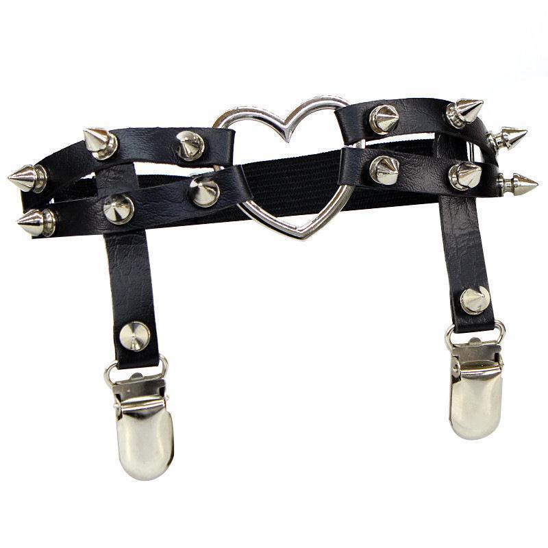 JMT-091018 Elasticity Harness Heart Leg Chain Garter Belt for Women with Spike Detail, Available in Black and Unique Designs