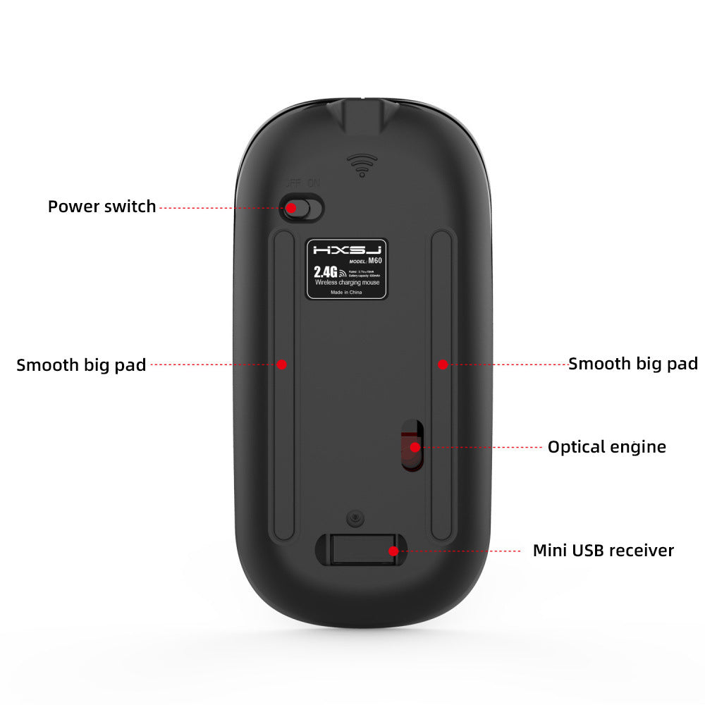 JMT-091274 Rechargeable Wireless Mouse M60 - Ergonomic Design, 2.4GHz Connection, 800-1600 DPI, ABS Material, Mute Operation, Black