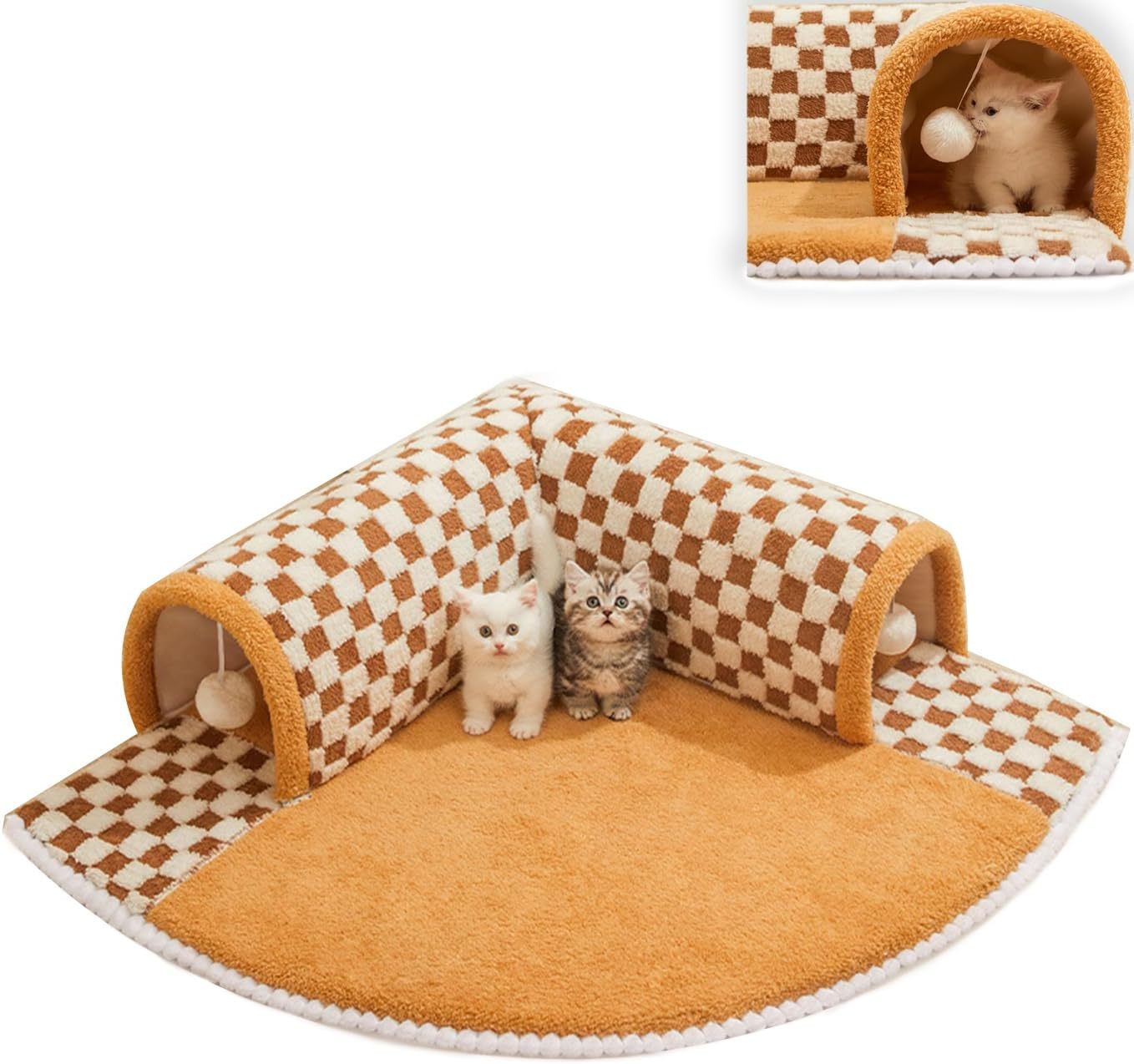 JMT-092618 Plush Plaid Cat Tunnel Bed with Central Mat for Indoor Play and Napping