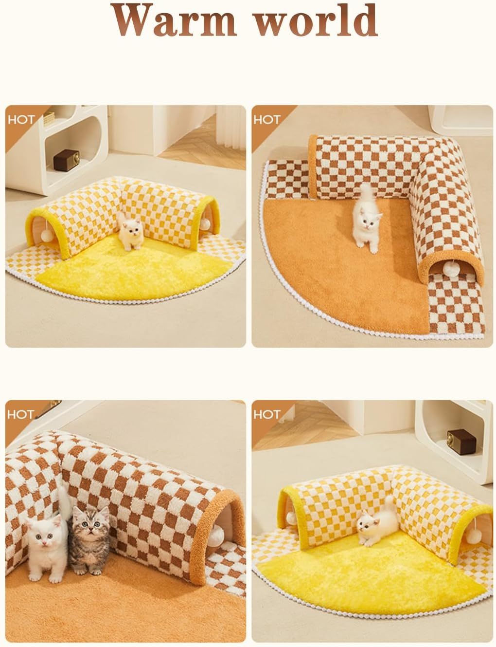 JMT-092618 Plush Plaid Cat Tunnel Bed with Central Mat for Indoor Play and Napping
