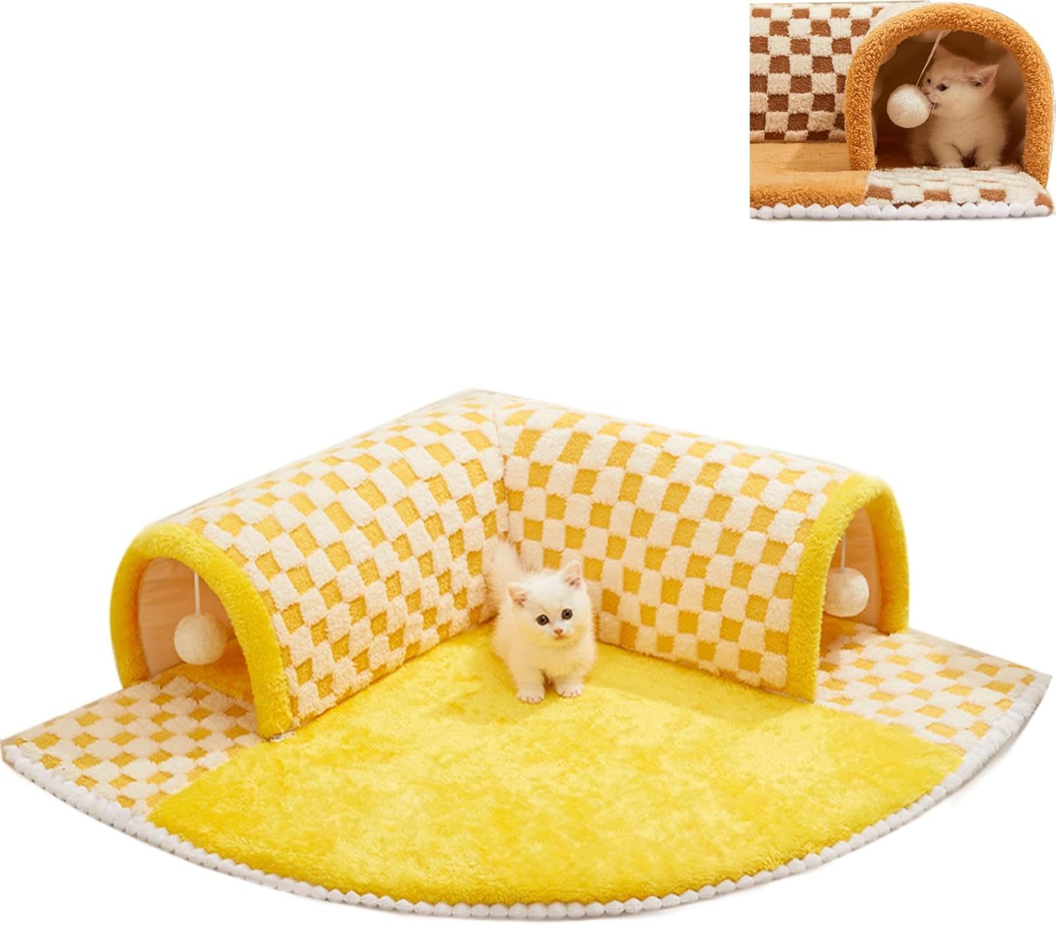 JMT-092618 Plush Plaid Cat Tunnel Bed with Central Mat for Indoor Play and Napping