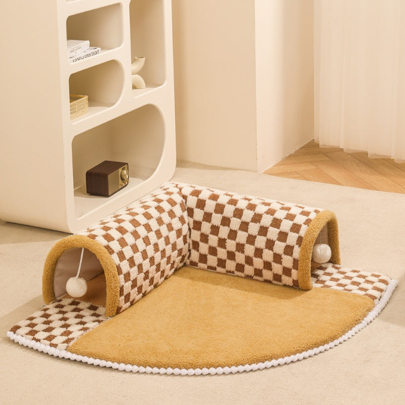 JMT-092618 Plush Plaid Cat Tunnel Bed with Central Mat for Indoor Play and Napping