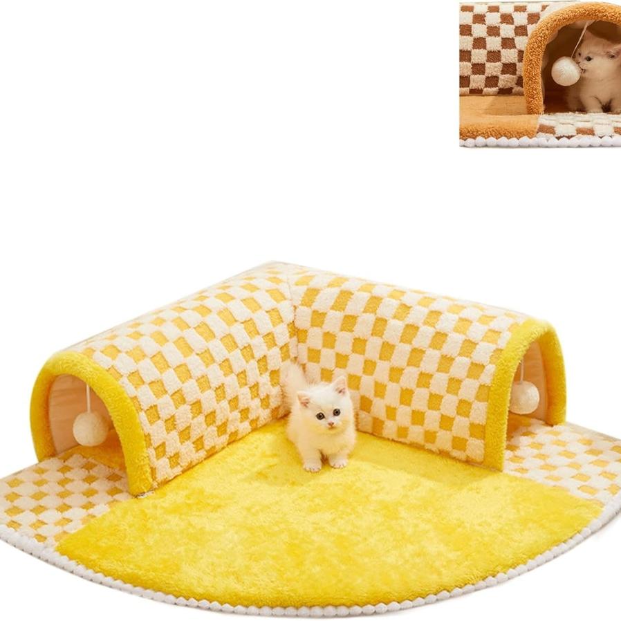 JMT-092618 Plush Plaid Cat Tunnel Bed with Central Mat for Indoor Play and Napping