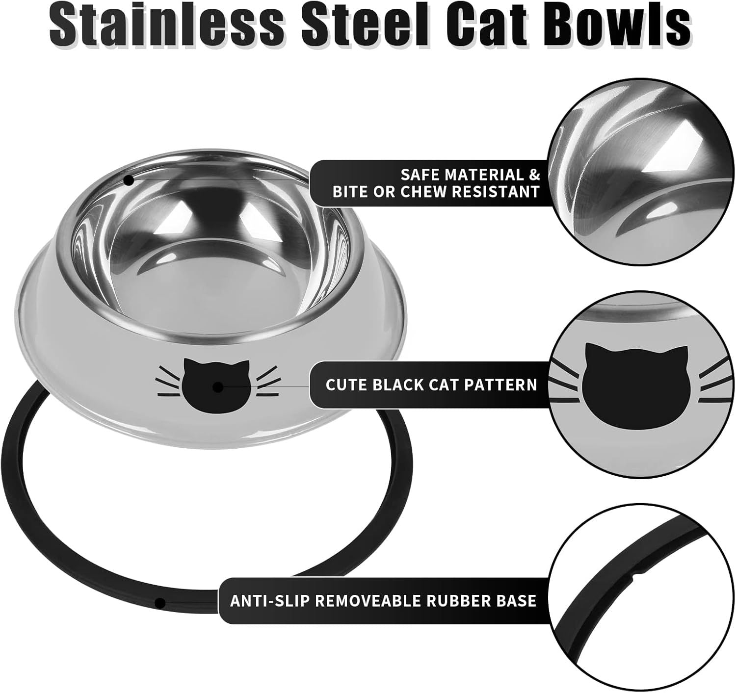 JMT-093770 Non-Slip Stainless Steel Cat Food Bowls with Removable Rubber Base for Small Cats