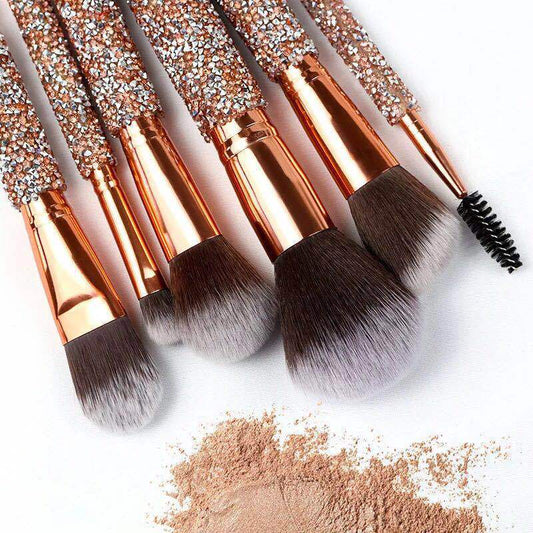 JMT-094218 Ten-Piece Diamond-Encrusted Makeup Brush Set - Nylon Bristles with Wooden Handles