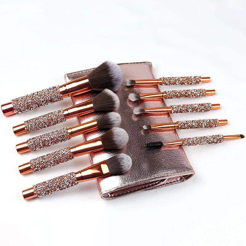 JMT-094218 Ten-Piece Diamond-Encrusted Makeup Brush Set - Nylon Bristles with Wooden Handles