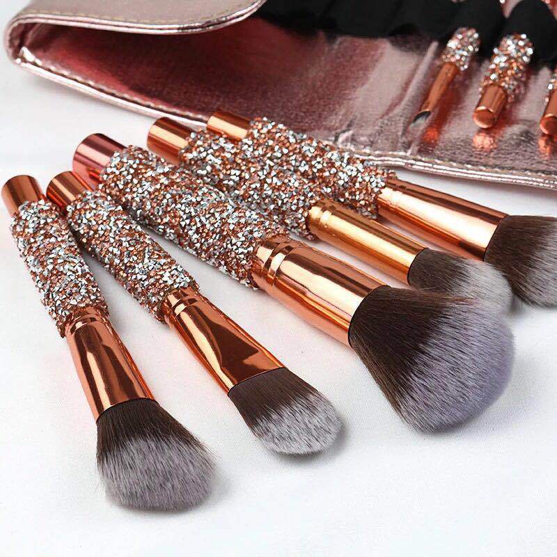JMT-094218 Ten-Piece Diamond-Encrusted Makeup Brush Set - Nylon Bristles with Wooden Handles
