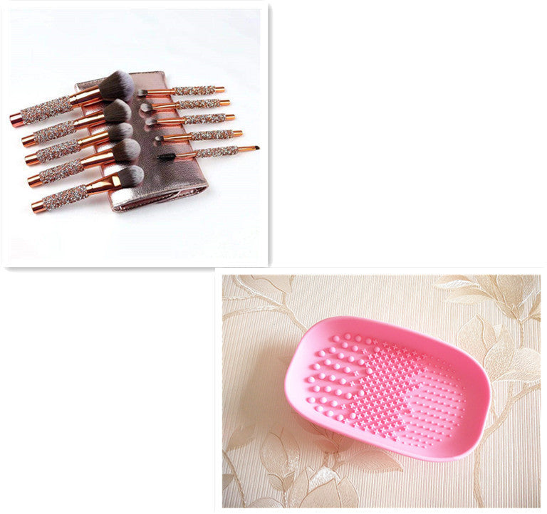 JMT-094218 Ten-Piece Diamond-Encrusted Makeup Brush Set - Nylon Bristles with Wooden Handles