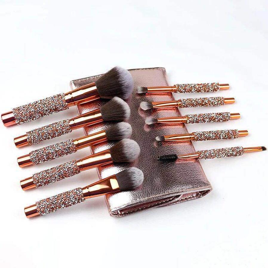 JMT-094218 Ten-Piece Diamond-Encrusted Makeup Brush Set - Nylon Bristles with Wooden Handles