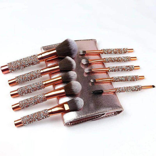 JMT-094218 Ten-Piece Diamond-Encrusted Makeup Brush Set - Nylon Bristles with Wooden Handles