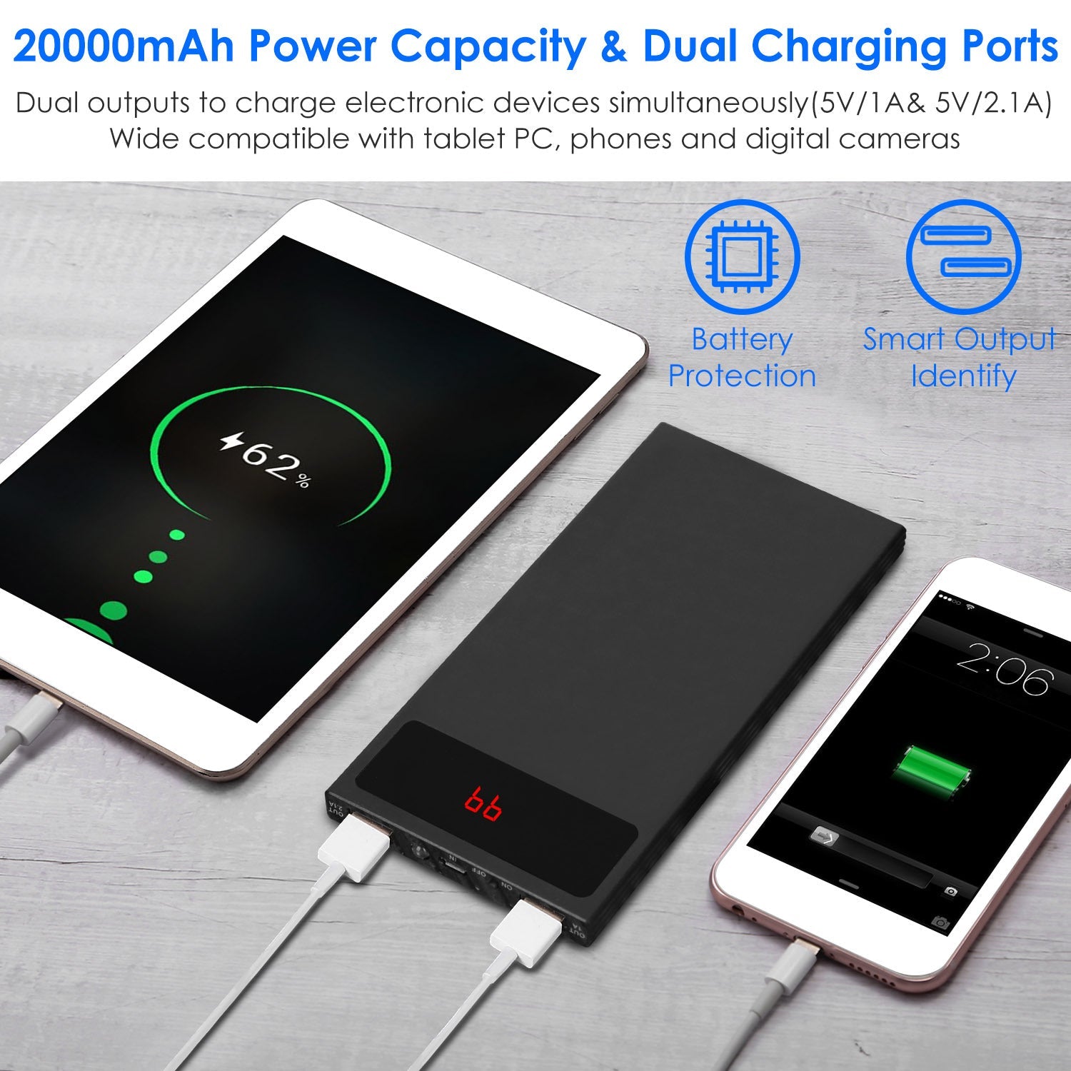 JMT-095114 20000mAh Ultra-Thin Power Bank with Dual USB Ports, Smart Display, and Flashlight