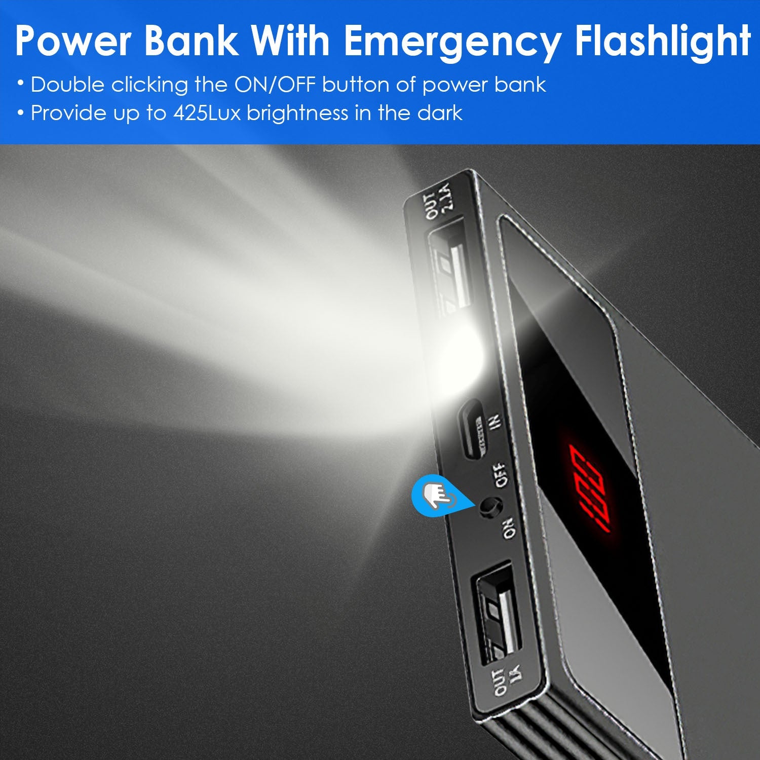JMT-095114 20000mAh Ultra-Thin Power Bank with Dual USB Ports, Smart Display, and Flashlight