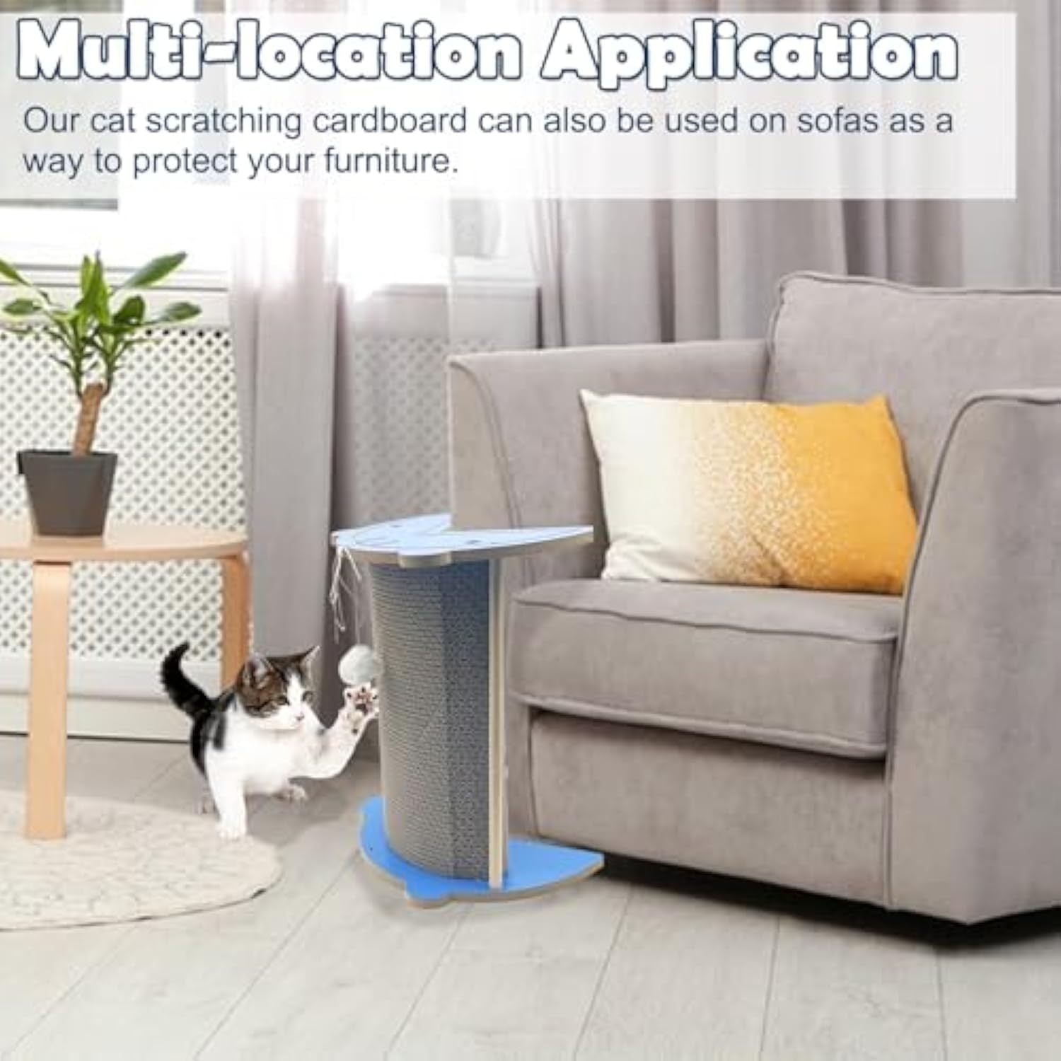 JMT-095242 Cat Corner Scratcher with Replaceable Pads and Hanging Ball - Durable Cardboard Vertical Kitty Scratching Board for Indoor Use