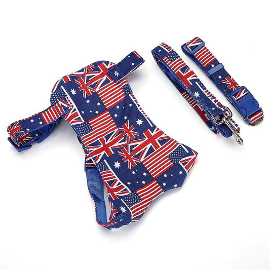 JMT-095434 Customizable British Style Dog Harness & Traction Rope Set with Canvas and Mesh Construction