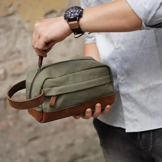 JMT-096138 Men's Vintage Canvas Waterproof Toiletry Bag with Zipper for Travel and Cosmetics Storage