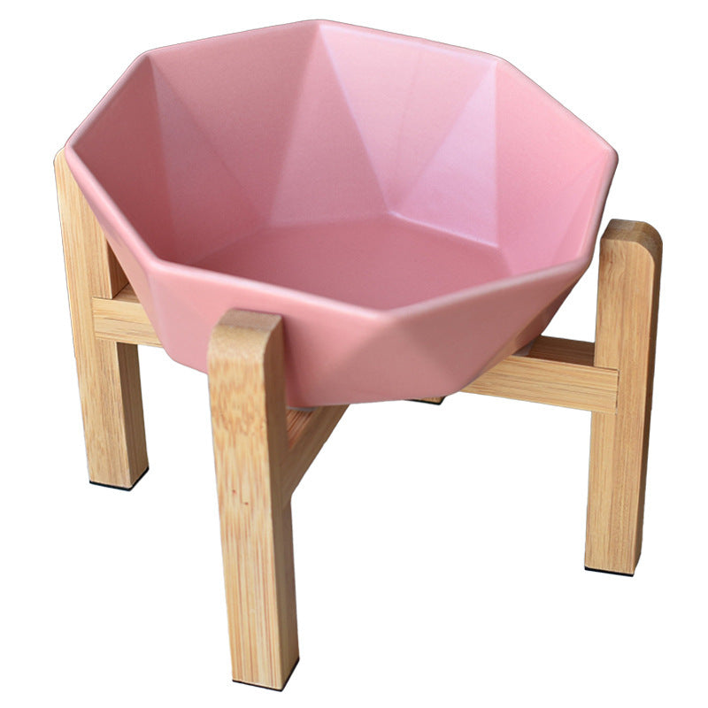 JMT-097418 Ceramic High-Foot Cat Food and Water Bowl with Bamboo Wood Base - 250g Capacity for Food and 250ml for Water