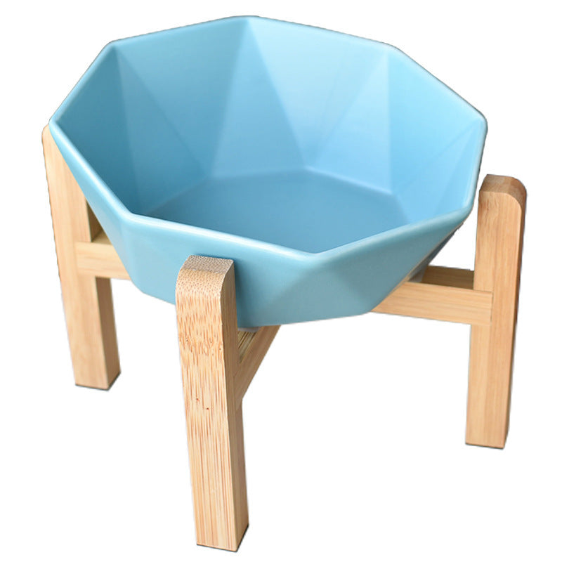 JMT-097418 Ceramic High-Foot Cat Food and Water Bowl with Bamboo Wood Base - 250g Capacity for Food and 250ml for Water