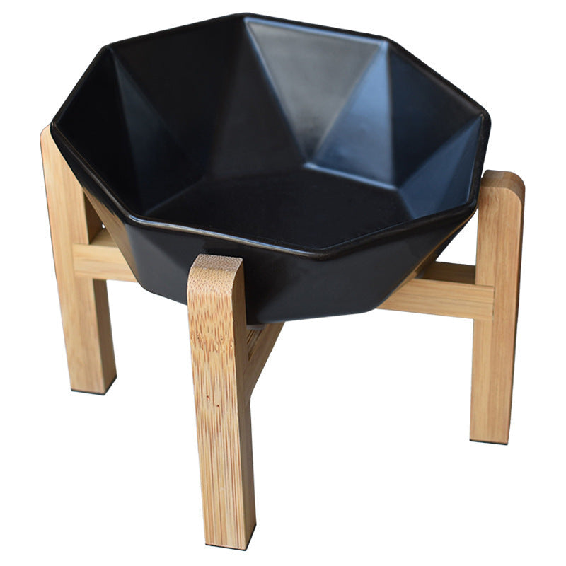 JMT-097418 Ceramic High-Foot Cat Food and Water Bowl with Bamboo Wood Base - 250g Capacity for Food and 250ml for Water