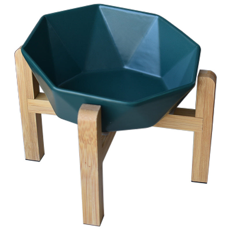 JMT-097418 Ceramic High-Foot Cat Food and Water Bowl with Bamboo Wood Base - 250g Capacity for Food and 250ml for Water