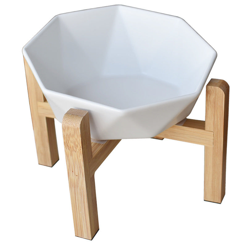 JMT-097418 Ceramic High-Foot Cat Food and Water Bowl with Bamboo Wood Base - 250g Capacity for Food and 250ml for Water