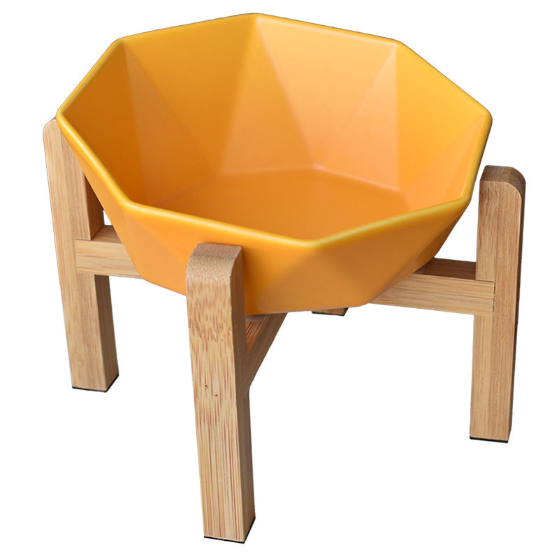 JMT-097418 Ceramic High-Foot Cat Food and Water Bowl with Bamboo Wood Base - 250g Capacity for Food and 250ml for Water