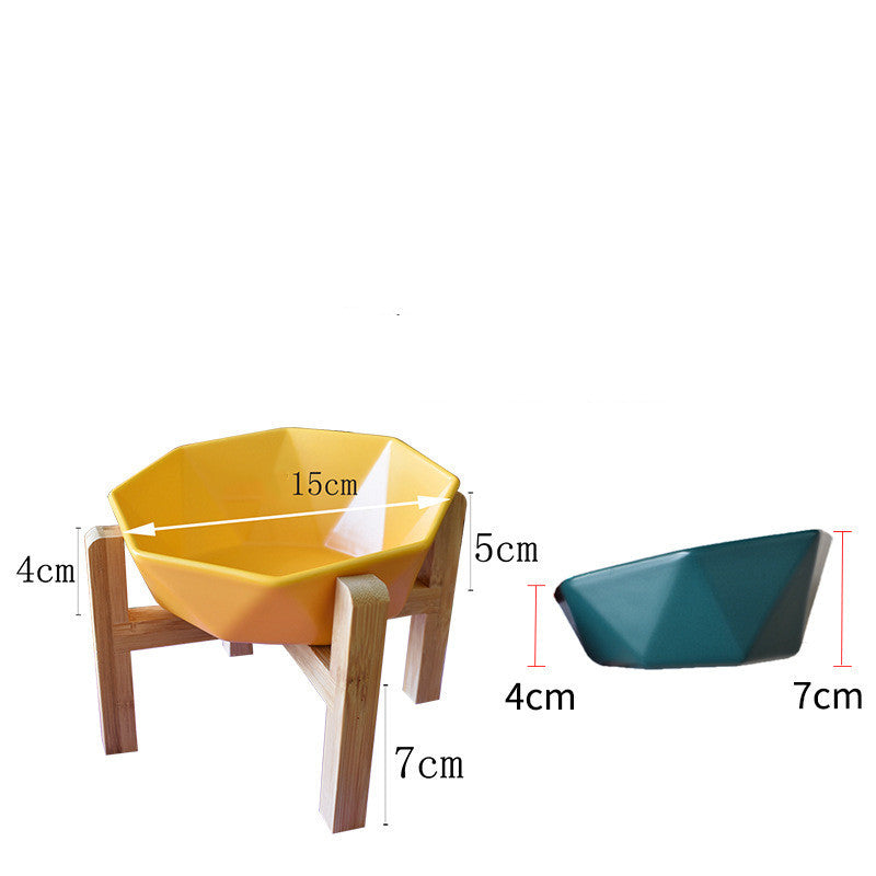 JMT-097418 Ceramic High-Foot Cat Food and Water Bowl with Bamboo Wood Base - 250g Capacity for Food and 250ml for Water