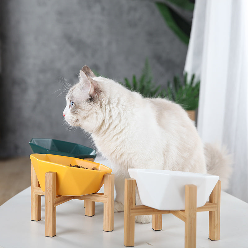 JMT-097418 Ceramic High-Foot Cat Food and Water Bowl with Bamboo Wood Base - 250g Capacity for Food and 250ml for Water