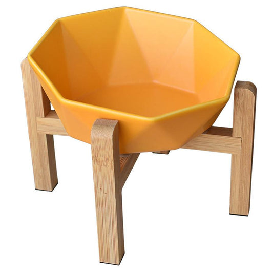 JMT-097418 Ceramic High-Foot Cat Food and Water Bowl with Bamboo Wood Base - 250g Capacity for Food and 250ml for Water