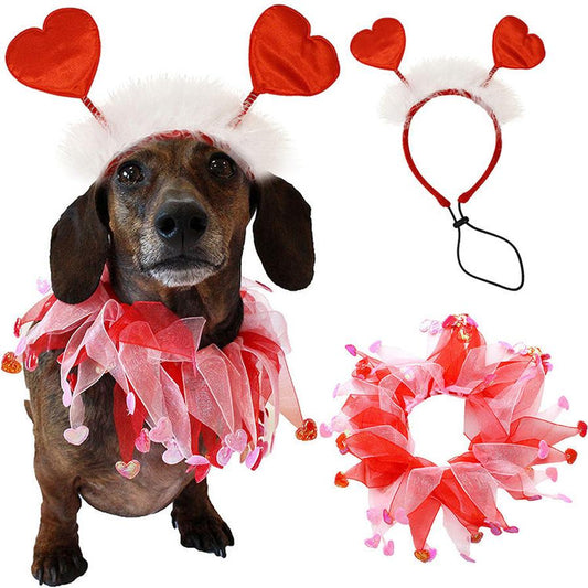 JMT-097866 Valentine's Day Pet Hairband and Scarf Set for Dogs - Stylish Holiday Accessories