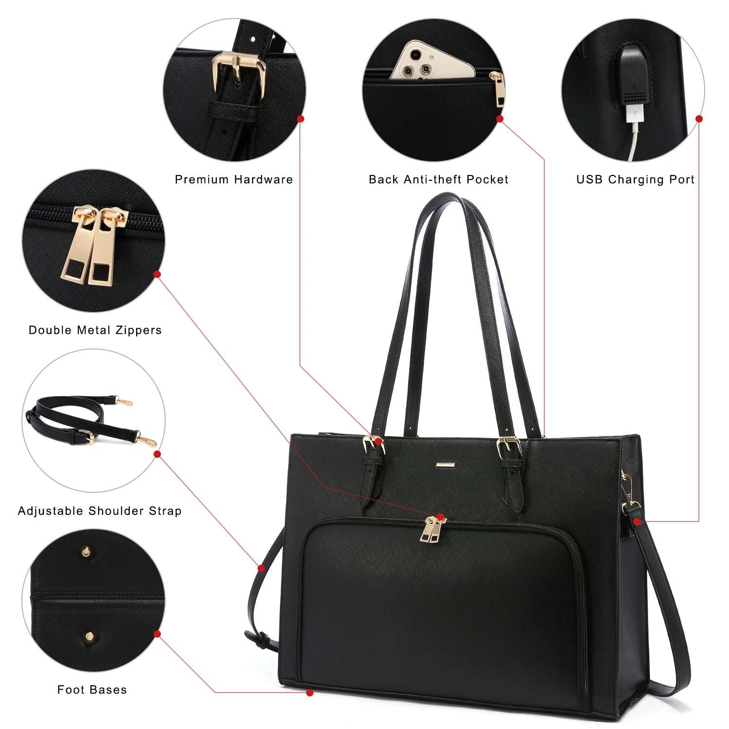 JMT-098122 Fashionable Waterproof Leather Laptop Tote Bag with USB Port for Business and School Use