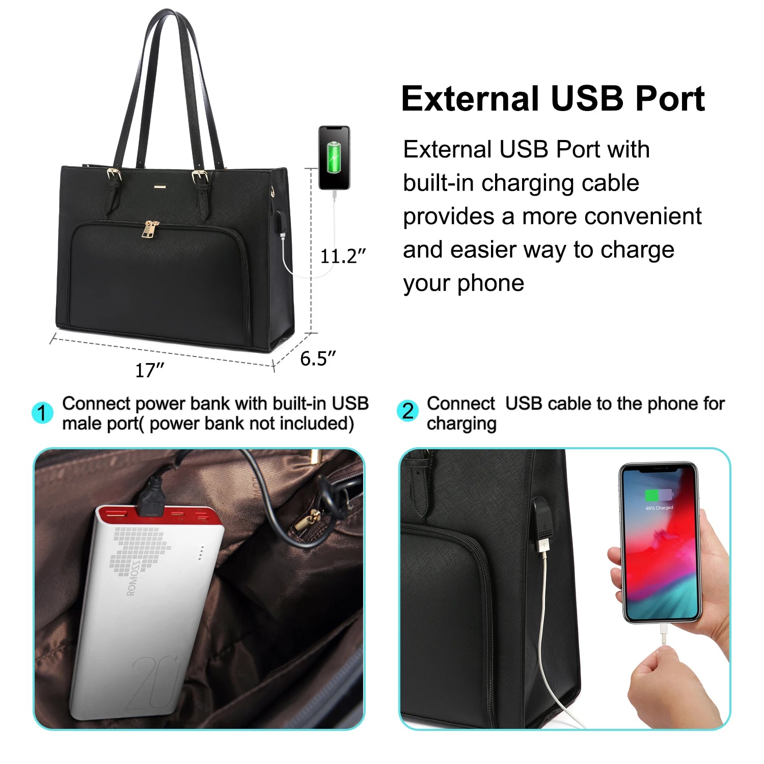 JMT-098122 Fashionable Waterproof Leather Laptop Tote Bag with USB Port for Business and School Use