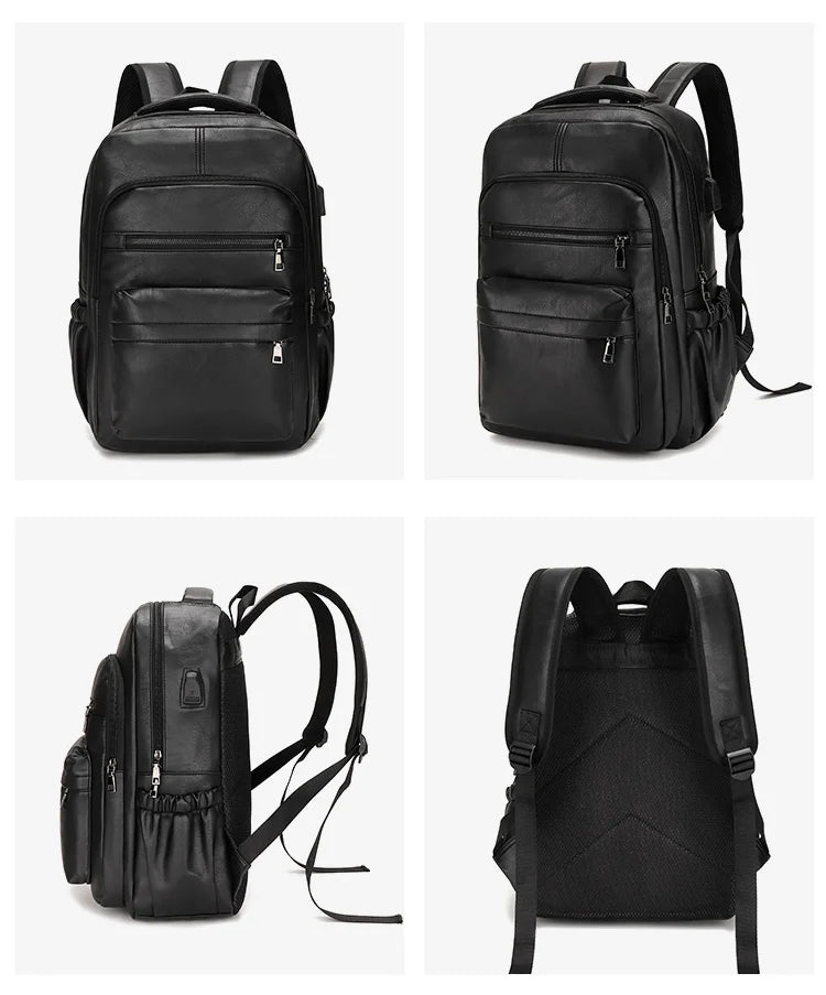 JMT-098570 Waterproof PU Leather Business Travel Laptop Backpack with USB Charging Port