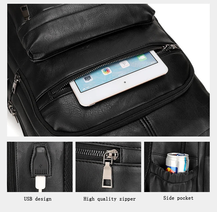 JMT-098570 Waterproof PU Leather Business Travel Laptop Backpack with USB Charging Port