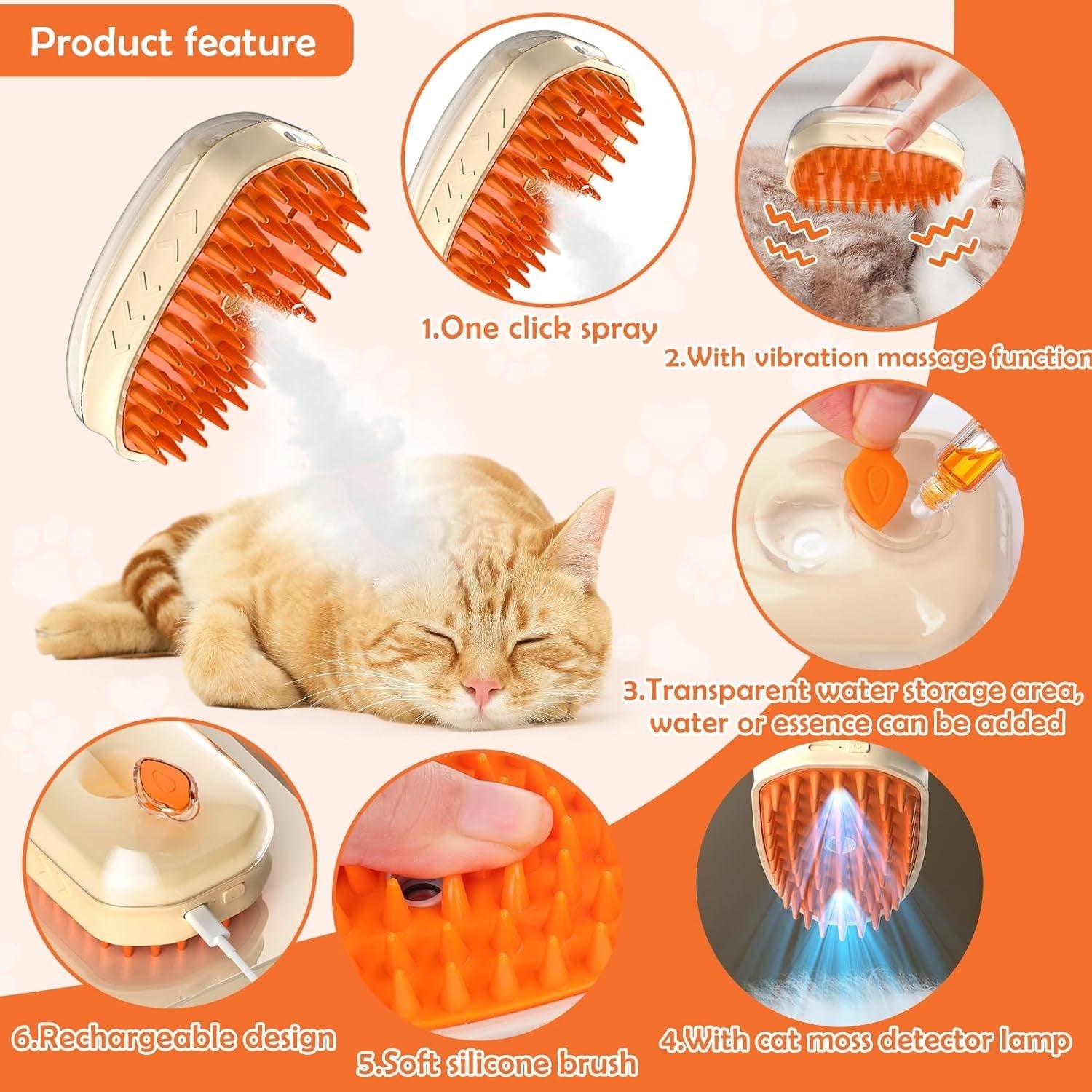 JMT-098634 4-in-1 Steam Cat Brush with Vibration Massage and Ringworm Detector for Effective Grooming and Hair Removal