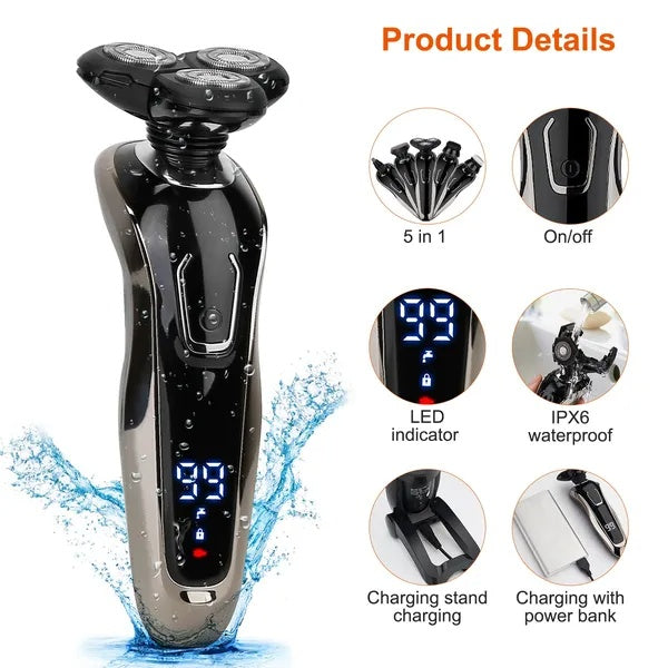 JMT-098634 5-in-1 Rechargeable Cordless Grooming Kit with Waterproof Shaver, Trimmer, and Facial Brush Set