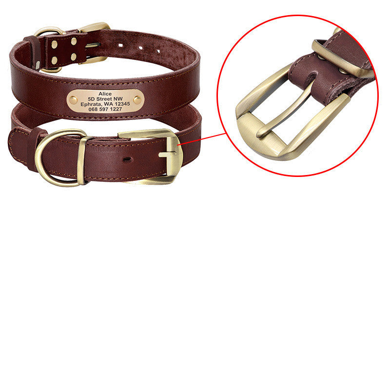 JMT-101514 Personalized Leather Dog Collar with Engraved Golden Nameplate for Medium to Large Breeds