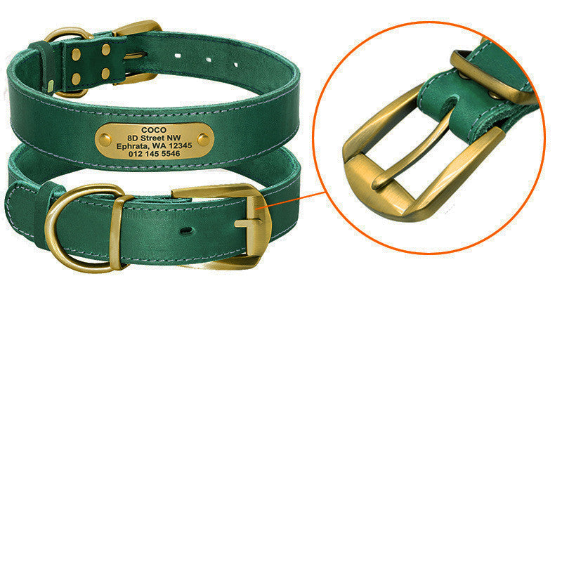 JMT-101514 Personalized Leather Dog Collar with Engraved Golden Nameplate for Medium to Large Breeds