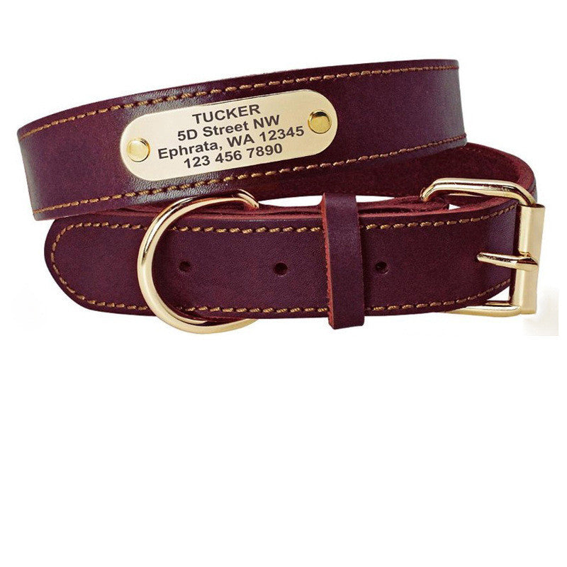 JMT-101514 Personalized Leather Dog Collar with Engraved Golden Nameplate for Medium to Large Breeds