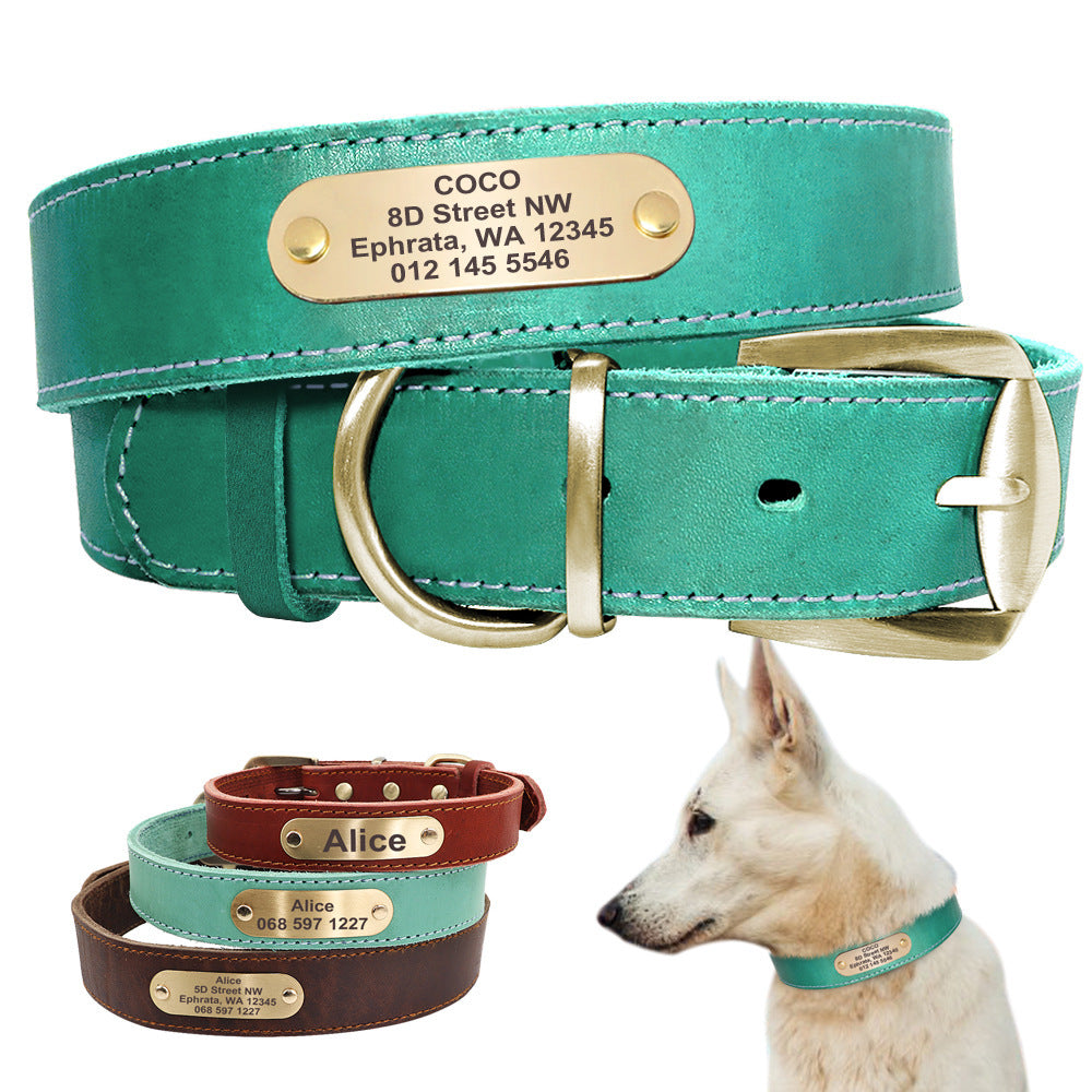 JMT-101514 Personalized Leather Dog Collar with Engraved Golden Nameplate for Medium to Large Breeds