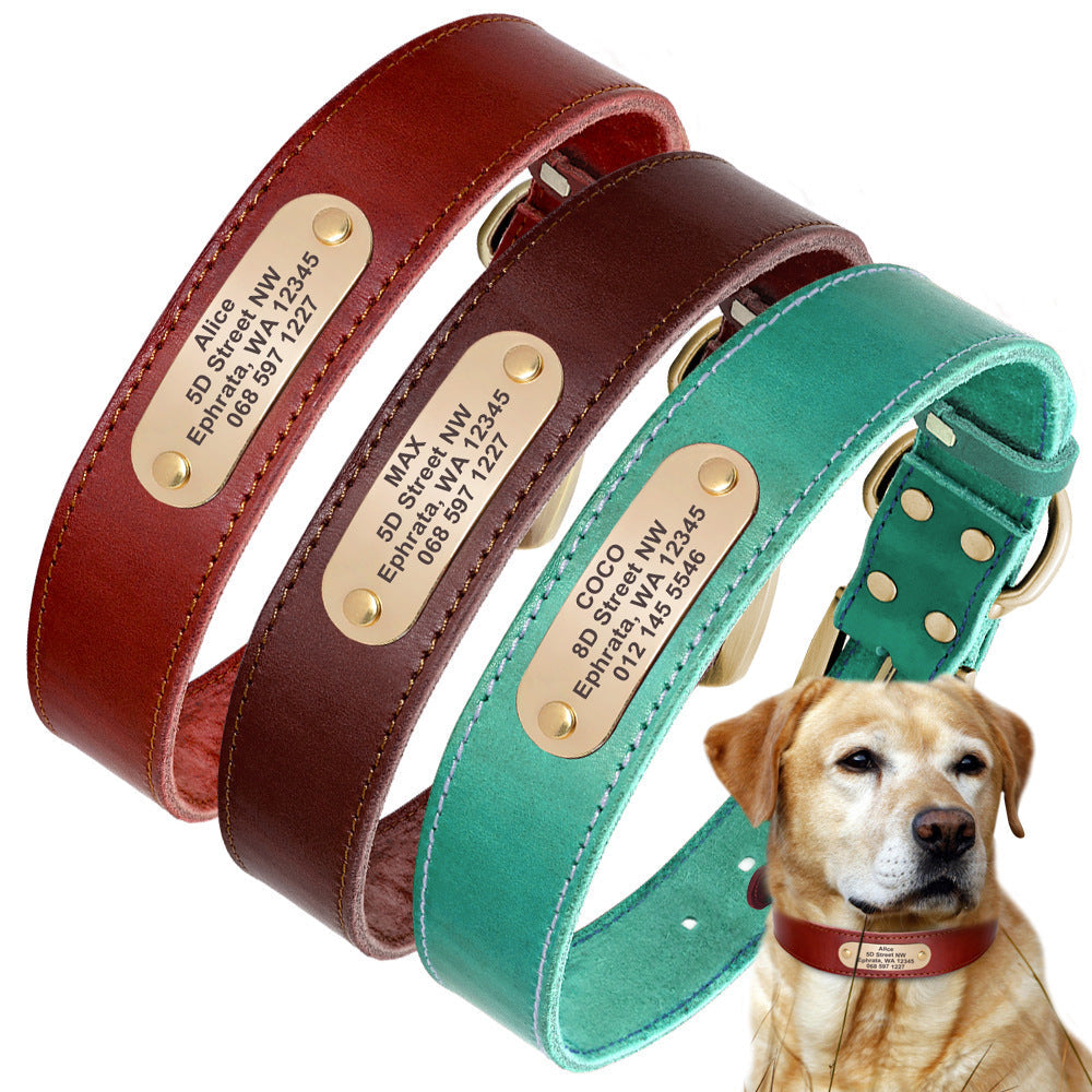 JMT-101514 Personalized Leather Dog Collar with Engraved Golden Nameplate for Medium to Large Breeds