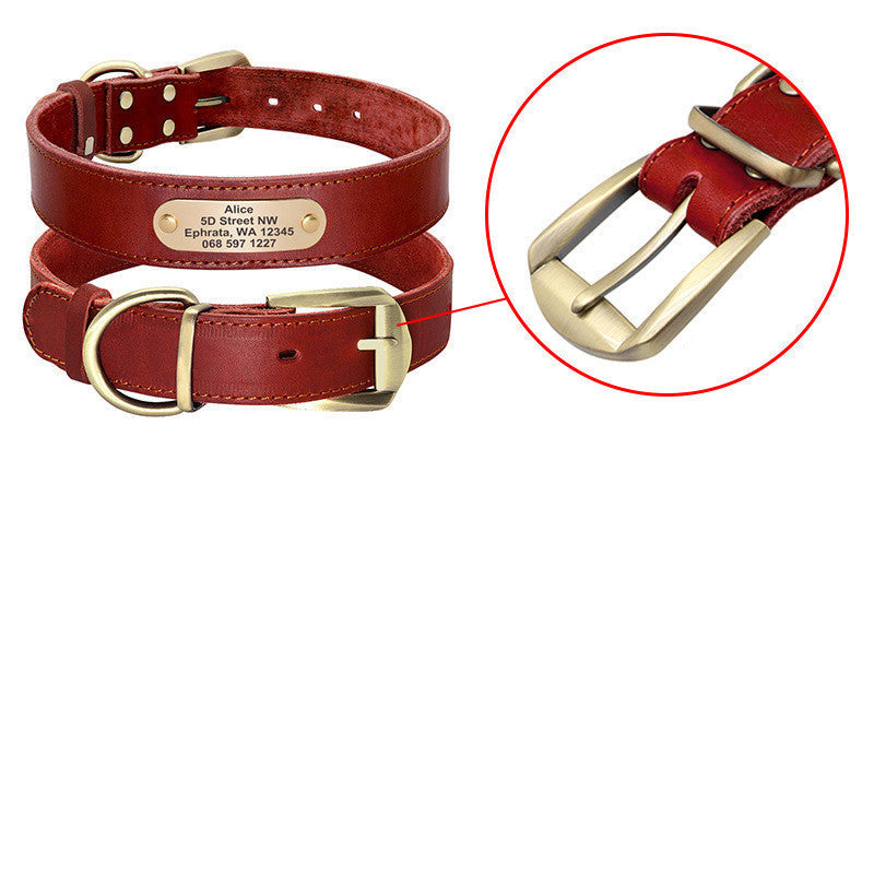 JMT-101514 Personalized Leather Dog Collar with Engraved Golden Nameplate for Medium to Large Breeds