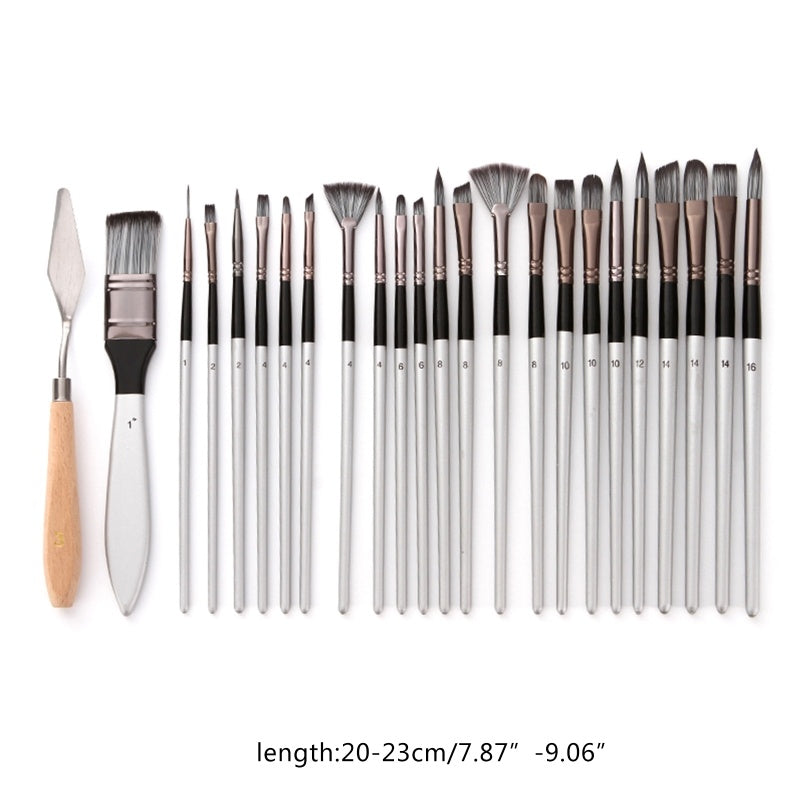 JMT-104586 24-Piece Nylon Hair Brush Set for Acrylic, Gouache, and Watercolor Painting with Scraper