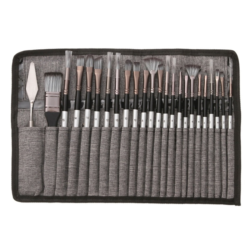 JMT-104586 24-Piece Nylon Hair Brush Set for Acrylic, Gouache, and Watercolor Painting with Scraper