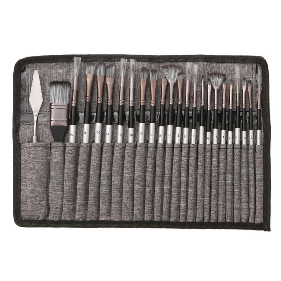 JMT-104586 24-Piece Nylon Hair Brush Set for Acrylic, Gouache, and Watercolor Painting with Scraper