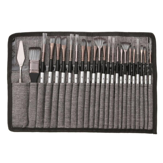 JMT-104586 24-Piece Nylon Hair Brush Set for Acrylic, Gouache, and Watercolor Painting with Scraper