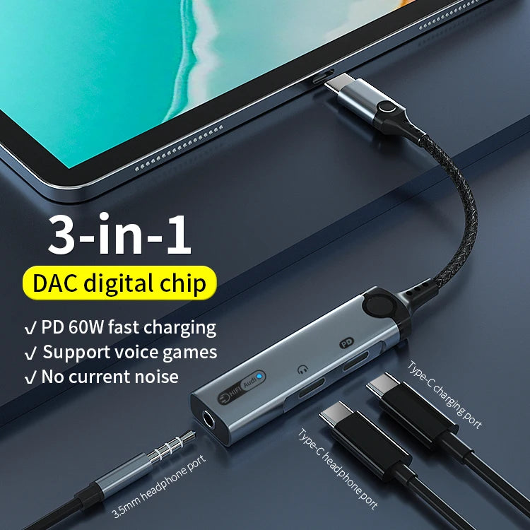 JMT-104650 Type C to 3.5mm and Dual USB-C Earphone Adapter with PD 60W Charging and DAC Audio for iPhone 15