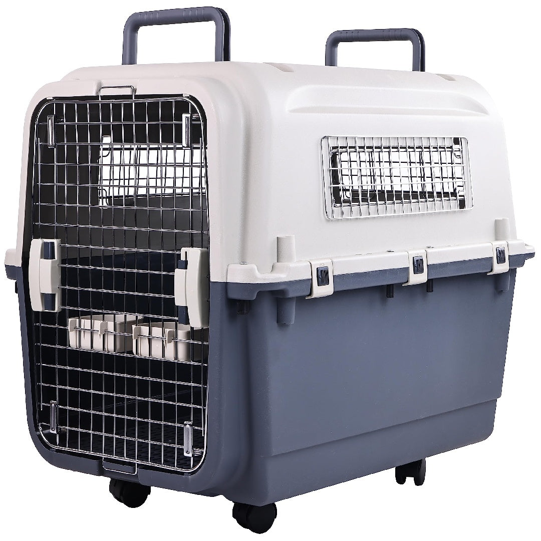 JMT-105162 Durable Plastic Dog Kennel with Rolling Wheels, Airline Approved, Multiple Sizes Available